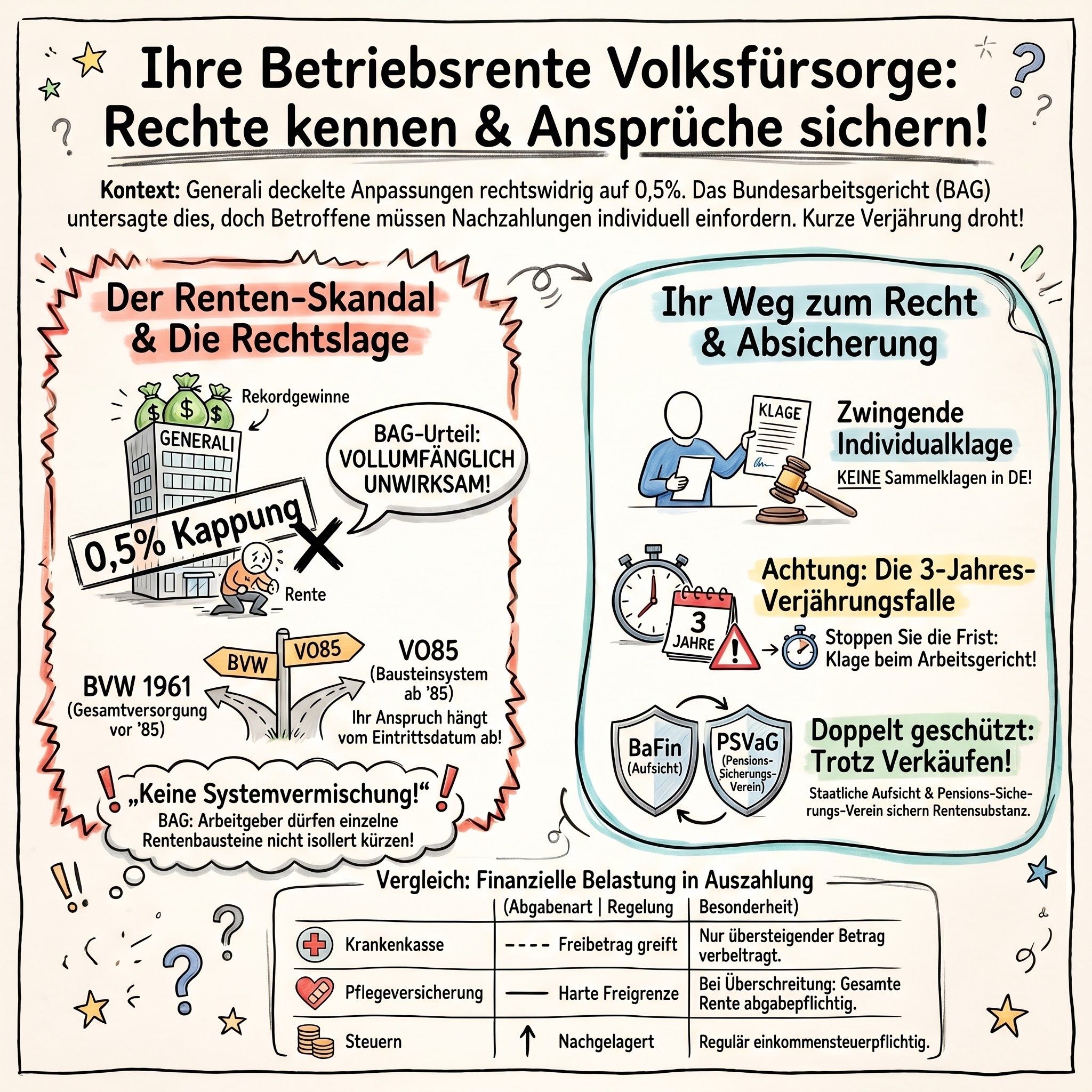 Die Betriebsrente der Volksfürsorge im Fokus: Erfahren Sie alles über die unwirksame 0,5 %-Kappung der Generali und die wegweisenden BAG-Urteile. Schützen Sie Ihre Ansprüche durch Individualklagen vor der drohenden Verjährung.